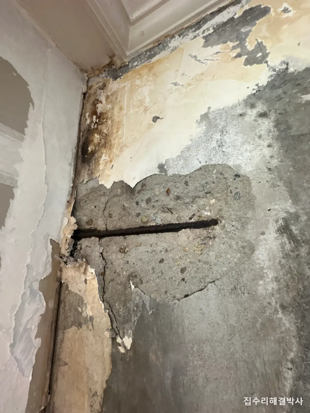 녹슨 철근으로 망가진 아파트 벽 — 녹 제거부터 미장·석고판·도배까지 복원 시공 사진 1